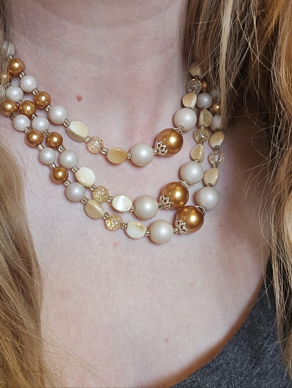 Vintage Multi-Strand Gold & Cream Bead Necklace - Signed Japan